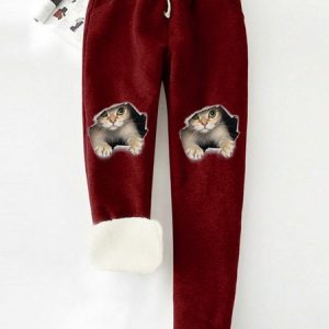 Women's - Basics cat print Fleece Lined High Waist Soft Clouds Pants, Pants, color:Wine Red|size:XXL, JustFashionNow