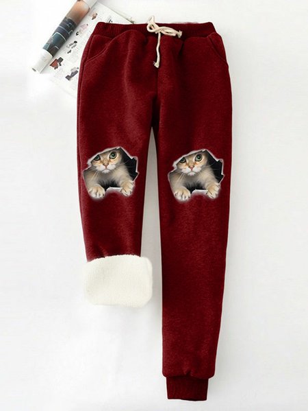 Women's - Basics cat print Fleece Lined High Waist Soft Clouds Pants, Pants, color:Wine Red|size:XXL, JustFashionNow