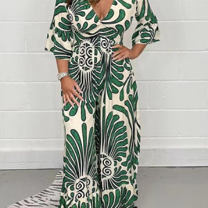 Women Floral V Neck Long Sleeve Comfy Casual Maxi Dress, Maxi, color:Dark Green|size:3XL, Noracora