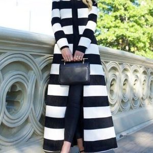 Urban Stand Collar Striped Long Sleeve Trench Coat, Coats, color:Black-white|size:XXL, Stylewe