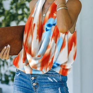 Loose Urban Cowl Neck Abstract  Print Top, Blouses and Shirts, color:Orange|size:XXL, Stylewe