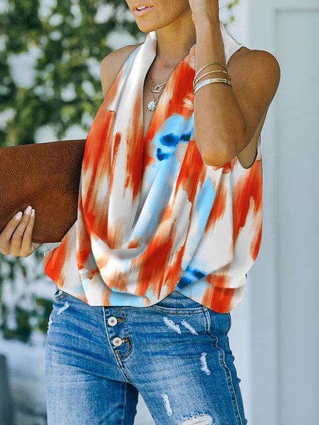 Loose Urban Cowl Neck Abstract Print Top, Blouses and Shirts, color:Orange|size:XXL, Stylewe