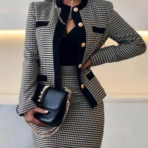 Urban Regular Fit Crew Neck Houndstooth Blazer, Blazers, color:Black-white|size:XXL, Stylewe
