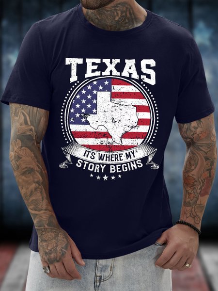 Men's Texas It'S Where My Story Being Graphic Printing Casual Loose Text Letters Cotton T-Shirt, T-shirts, Lilicloth.com