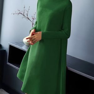 Plain Loose Half Turtleneck Elegant Sweater Dress, Midi Dresses, color:Green|size:XXL, Stylewe