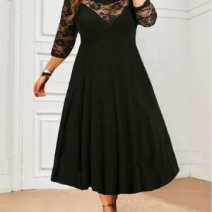 Lace Crew Neck Plain Casual Dress, DRESSES, color:Black|size:4X, Noracora