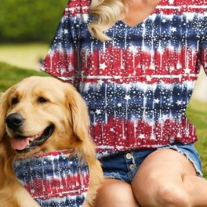 Women's Loose Casual Crew Neck America Flag Matching T-Shirt, color:Blue|size:3XL, Lilicloth.com