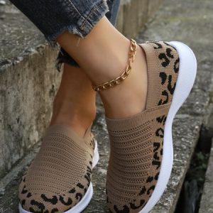 Leopard Print Breathable High Stretch Fly Knit Sneakers, Sneakers, color:Khaki|size:42, JustFashionNow