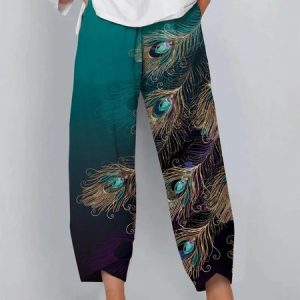 Feather Pattern Casual Loose Pants, Pants, color:Green|size:XXL, JustFashionNow
