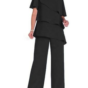 Crew Neck Elegant Plain Two-Piece Set, Suit Set, color:Black|size:XXL, JustFashionNow