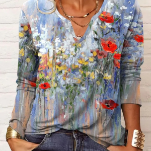 V Neck Casual Floral Loose T-Shirt, T-Shirts, color:Blue Purple|size:XXL, JustFashionNow