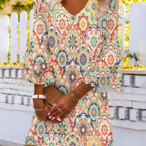 Women's Casual V Neck Ethnic Short Tunic Dress, Short, color:Multicolor|size:XXL, Noracora