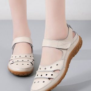 Vintage Casual Cutout Leather Mom Velcro Mary Jane Flats, Flats, color:Beige|size:44, JustFashionNow