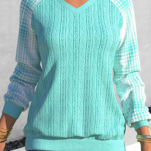 Casual V Neck Geometric Sweatshirt, Hoodies & Sweatshirts, color:Cyan|size:XXL, Noracora