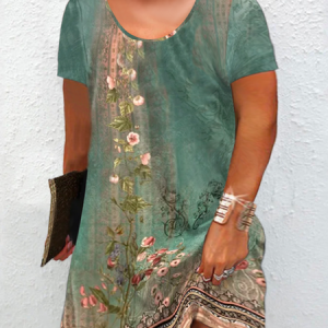 Plus Size Loose Casual Jersey Crew Neck Dress, Dresses, color:Green|size:4X, JustFashionNow