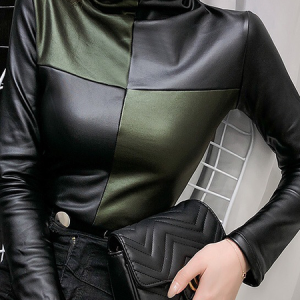 High Elasticity Tight Turtleneck Long sleeve Color Block Urban Top, Linen Tops, color:Black-green|size:XXL, Stylewe