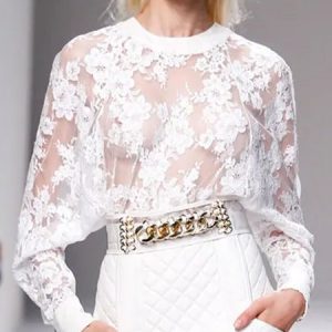 Elegant  Lace Crew Neck Long Sleeve  Shirt, Blouses and Shirts, color:White|size:XXL, Stylewe