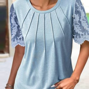 Plain Casual Patchwork lace Blouse, Blouses, color:Blue|size:XS, Noracora