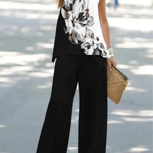 Plus Size Loose Floral Casual Two-Piece Set, SET, color:Black-white|size:4X, catalog Noracora shop