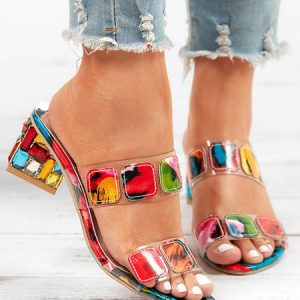 Colorful PVC Double Straps Rhinestone Chunky Heeled Sandals, Sandals, color:Multicolor|size:43, Noracora