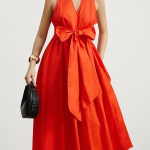V Neck Urban Plain Regular Fit Dress With Belt, Midi Dresses, color:Orange|size:XXL, Stylewe