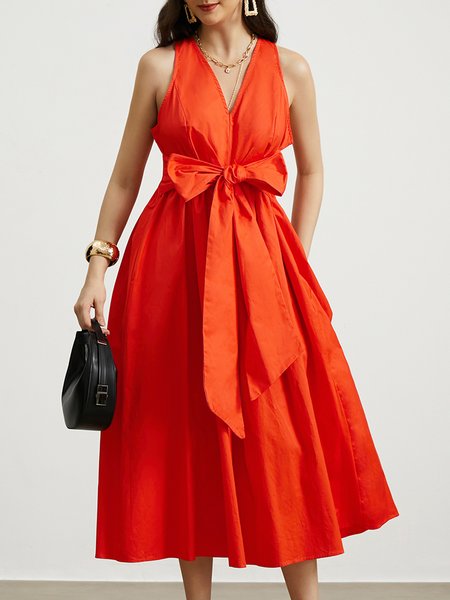 V Neck Urban Plain Regular Fit Dress With Belt, Midi Dresses, color:Orange|size:XXL, Stylewe