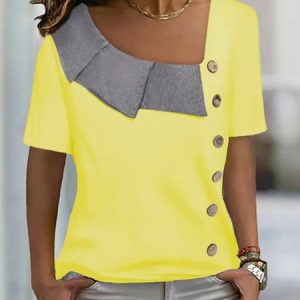 women's sexy Casual Asymmetrical Neck Short Sleeve Loose Jersey casual Tunic Blouse, Blouses, color:Yellow|size:XXL, Noracora