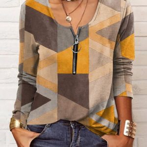 Notched Long Sleeve Geometric Zipper Regular Loose Shirt For Women, Blouses, color:Yellow|size:3XL, Noracora