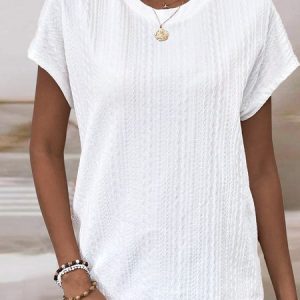 Loose Crew Neck Casual Plain T-Shirt, T-shirts, color:White|size:XXL, Noracora