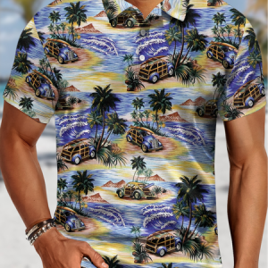 Men's Hawaiian Print Funny Graphic Printing Regular Fit Car Polo Collar Urban Polo Shirt, T-shirts, Lilicloth.com