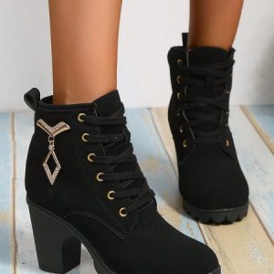 Rhinestone Decor Chunky Heel Fashion Boots, Boots, color:Black|size:42, JustFashionNow