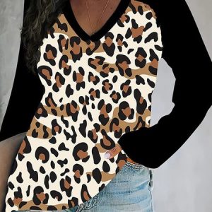 Casual Floral V Neck Long Sleeve T-shirt, T-shirts, color:Yellow|size:5XL, Noracora
