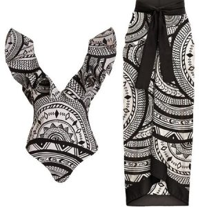 Vacation Abstract Printing One Piece With Cover Up, Swimsuit with Coverups, color:Black|size:XXL, Stylewe