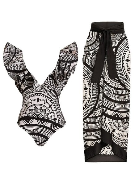 Vacation Abstract Printing One Piece With Cover Up, Swimsuit with Coverups, color:Black|size:XXL, Stylewe