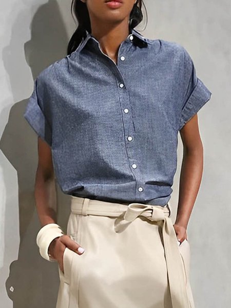 Plain Urban Loose Shirt Collar Blouse, Blouses and Shirts, color:Blue|size:XXL, Stylewe