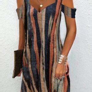 Color Block Knitted V Neck Casual Summer Dress, Midi, color:Brown|size:XXL, Noracora
