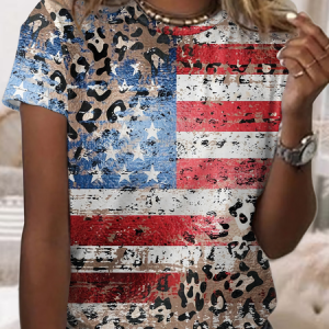 Women's Leopard Loose Crew Neck America Flag Casual T-Shirt, color:Blue|size:3XL, Lilicloth.com