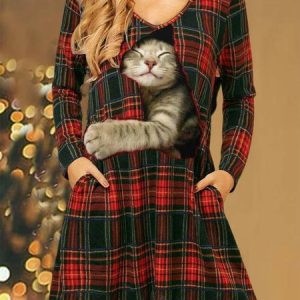Christmas V Neck Cat Casual Dress, Dresses, color:Red|size:XXL, JustFashionNow