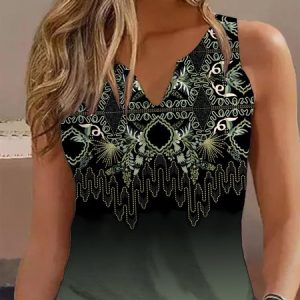 Casual V Neck Ethnic Regular Fit Tank Top, Tanks & Camis, color:Green|size:XXL, JustFashionNow