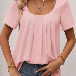Casual Plain Crew Neck Loose T-Shirt, T-Shirts, color:Pink|size:XXL, JustFashionNow