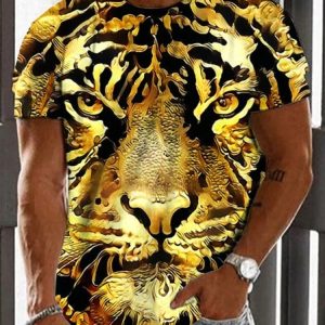 Casual 3D Animal Lion Tiger Pattern Round Neck Short Sleeve T-Shirt Daily Men's Clothing, T-Shirts, color:Yellow|size:3XL, JustFashionNow