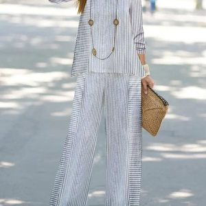 Striped Printed Loose Crew Neck Casual Two-Piece Set, Suit Set, color:White|size:XXL, JustFashionNow