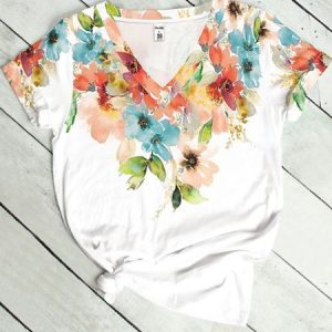 Plus Size Floral V Neck Jersey Casual T-Shirt, T-Shirts, color:White|size:4X, JustFashionNow