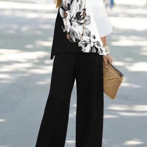 Floral Color Block Casual Crew Neck Three Quarter Loose Two-Piece Set, Suit Set, color:Black-white|size:XXL, JustFashionNow