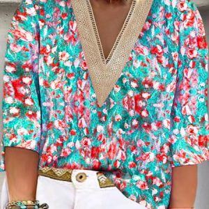 Plus Size Random Print Lace Edge Vacation V Neck Shirt, TOPS, color:Red-Blue|size:4X, catalog Noracora shop