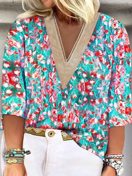 Plus Size Random Print Lace Edge Vacation V Neck Shirt, Shirts & Blouses, color:Red-Blue|size:4X, JustFashionNow