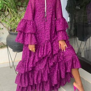 Long Sleeve Crew Neck Loose Leopard Dress, Maxi Dresses, color:Fuchsia|size:XXL, Stylewe