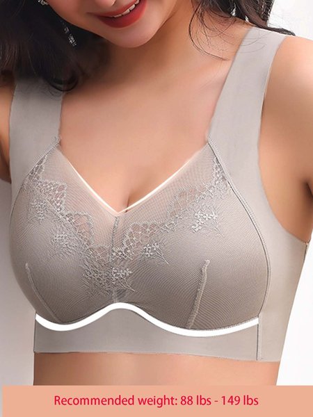 No Trace Breathable Lace Casual V Neck Bra & Bralette, Wireless, color:Khaki|size:One-size, JustFashionNow