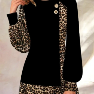 JFN Women Crew Neck Casual Leopard Print Stitching Long Sleeve Top, T-Shirts, color:Black|size:3XL, JustFashionNow