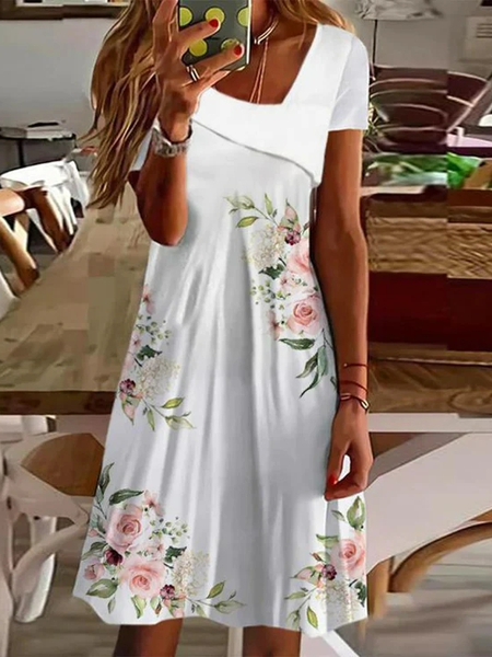 Floral Loose Asymmetrical Casual Dress, Dresses, color:White|size:XXL, JustFashionNow